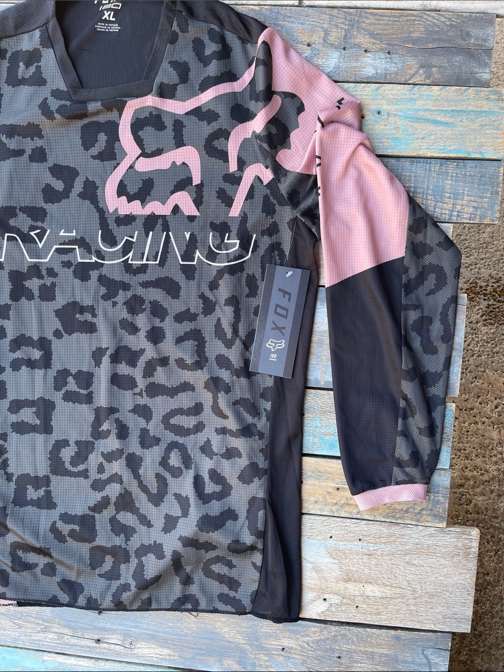 Fox 180 Skew Jersey Women’s Long-Sleeve Racing Jersey - Black & Pink Leopard - Picture 2 of 10